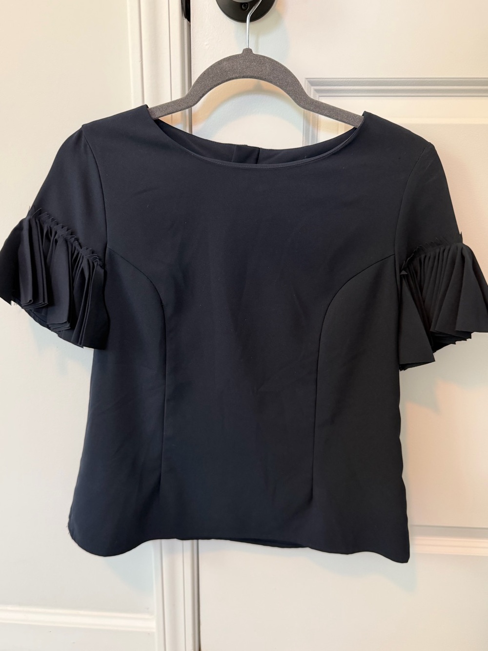 Gracia Navy Pleated Ruffle Sleeve Blouse Top Size Small